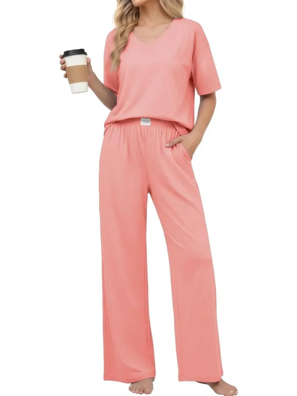 Women's Orange Pink Cotton Short Sleeve Sleepwear Pant Pockets Pajama Set